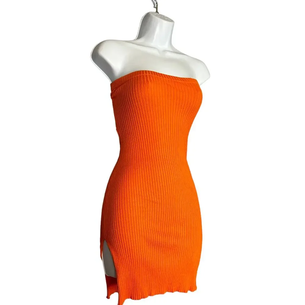 Revolve Orange Strapless Mini Dress SMALL Bodycon Tube Rib Knit H:ours $138 NEW - Picture 6 of 7